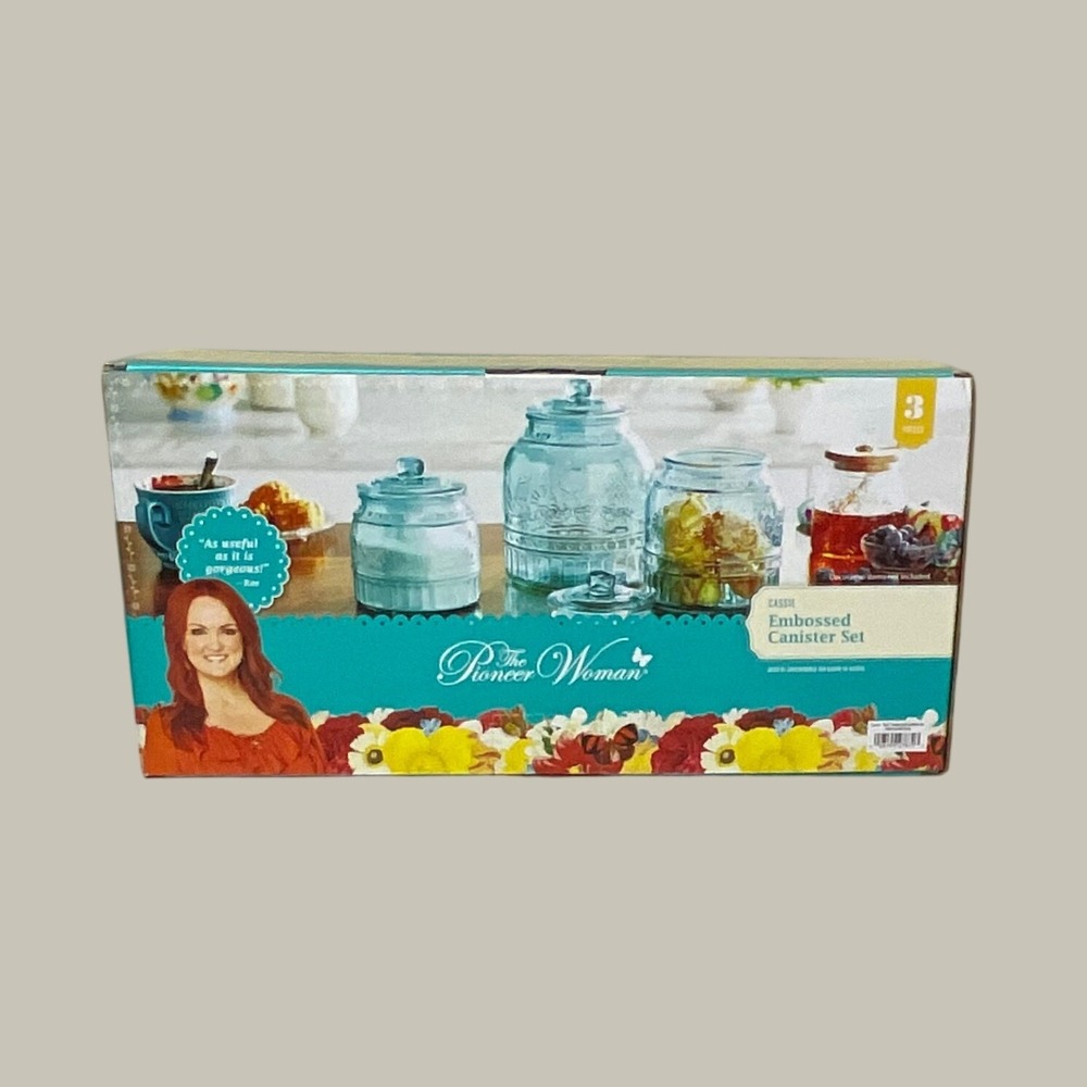 NEW Pioneer Woman Cassie 3 Piece Embossed Glass Canister Set Teal Blue
